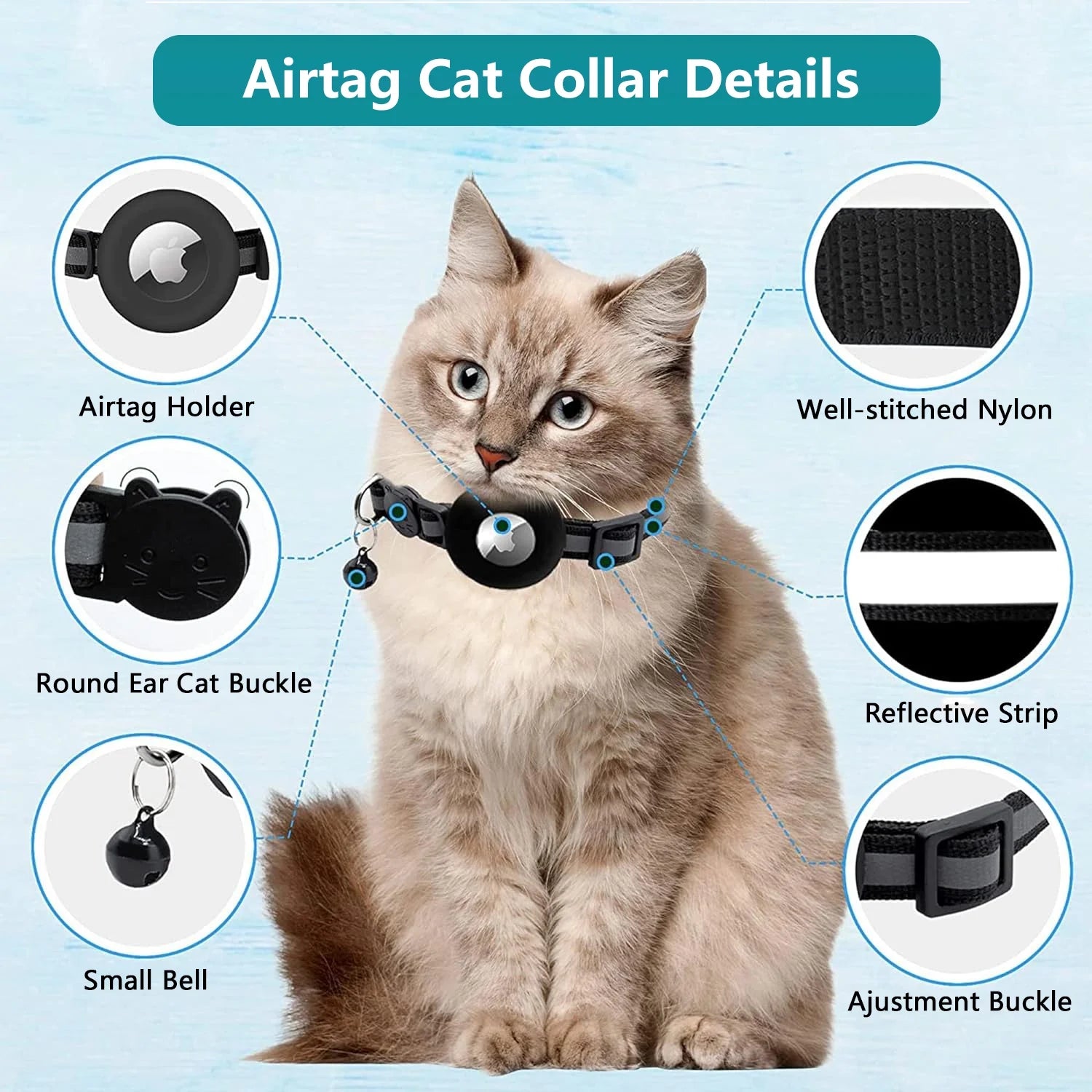 2 Pack Reflective Cat Collar with Airtag Case and Bell - Lightweight Adjustable Breakaway Straps for Cats, Kittens, and Extra Small Dogs in Stylish Black
