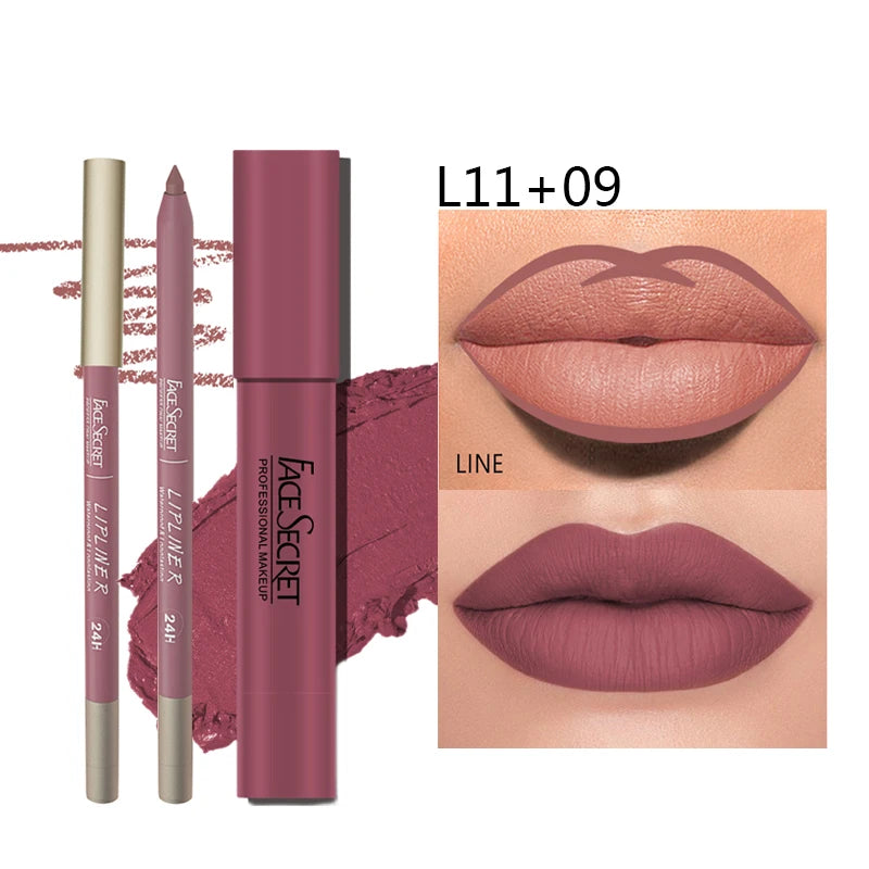 Matte Lipstick and Pencil Set, Waterproof and Long-Lasting Lip Makeup, Soft Matte Color Payoff, Women's Makeup Cosmetics