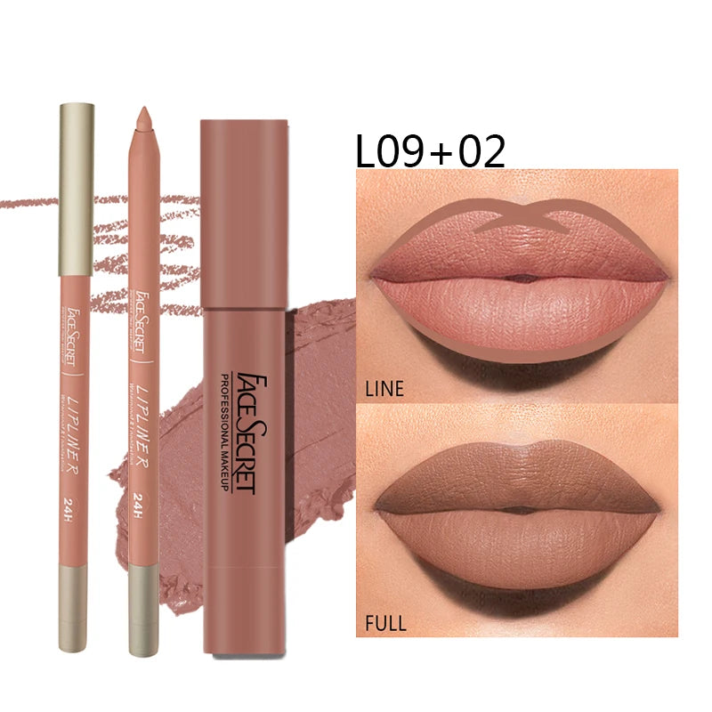 Matte Lipstick and Pencil Set, Waterproof and Long-Lasting Lip Makeup, Soft Matte Color Payoff, Women's Makeup Cosmetics