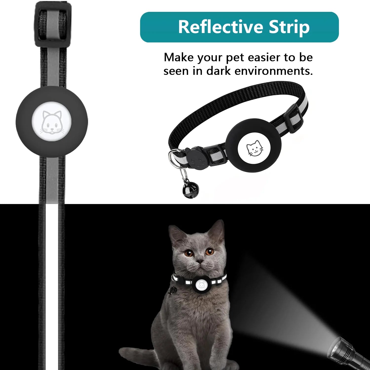 2 Pack Reflective Cat Collar with Airtag Case and Bell - Lightweight Adjustable Breakaway Straps for Cats, Kittens, and Extra Small Dogs in Stylish Black