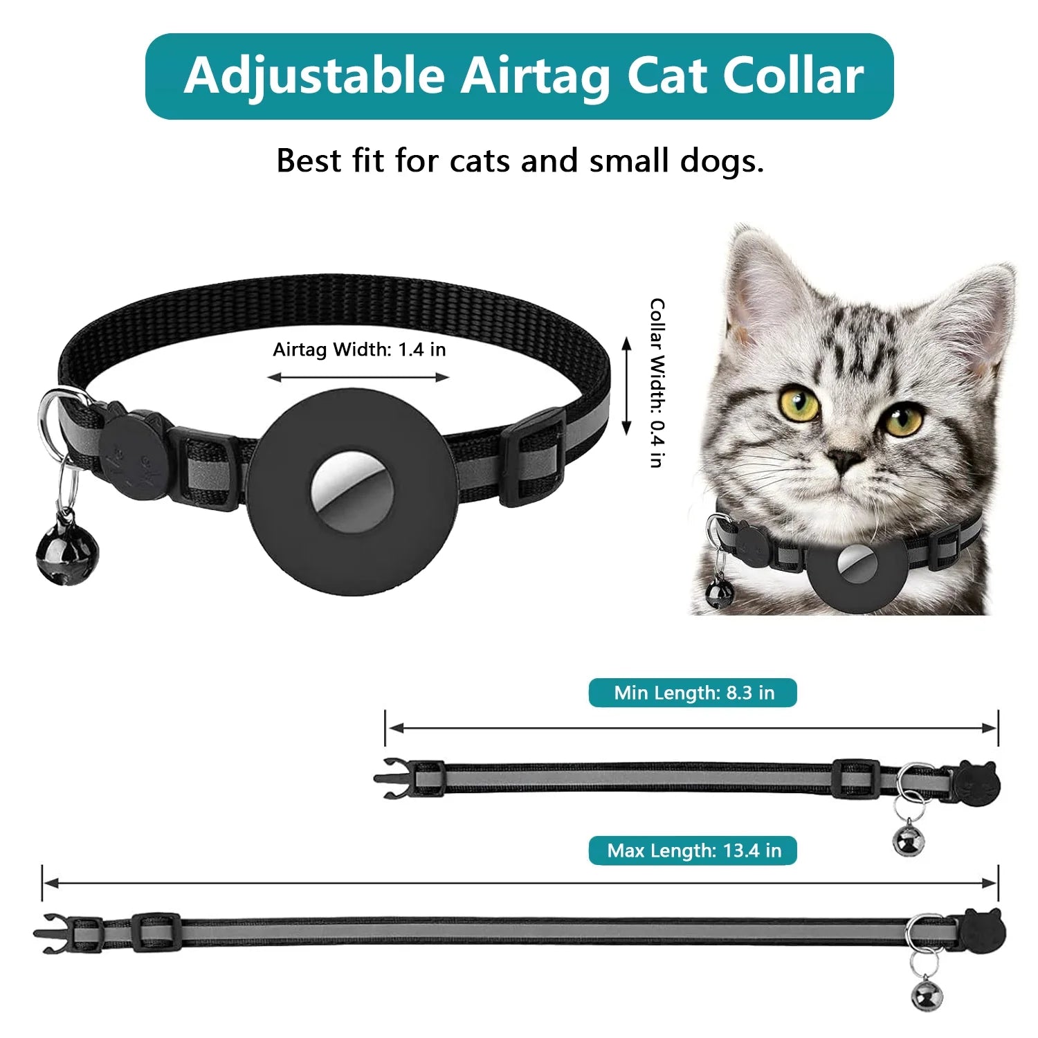 2 Pack Reflective Cat Collar with Airtag Case and Bell - Lightweight Adjustable Breakaway Straps for Cats, Kittens, and Extra Small Dogs in Stylish Black