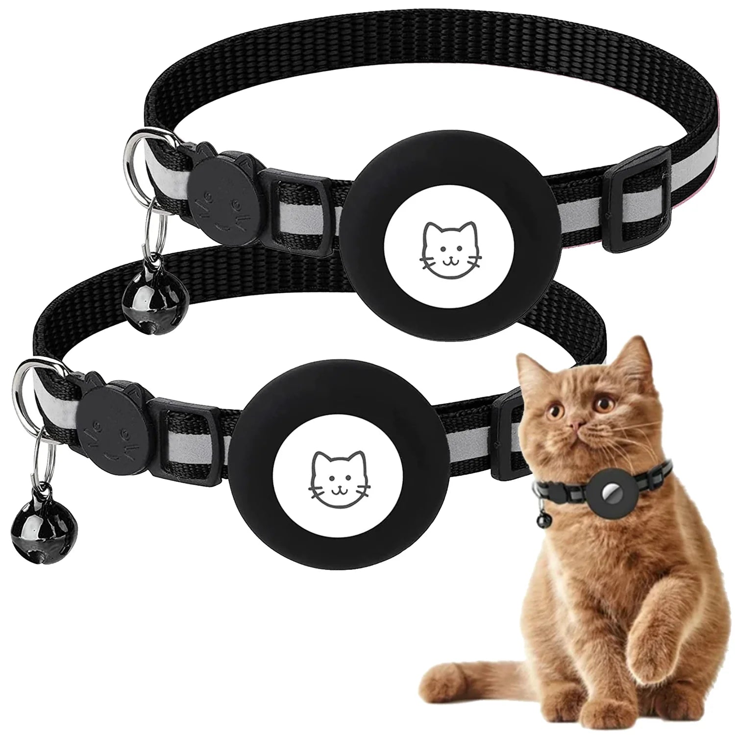 2 Pack Reflective Cat Collar with Airtag Case and Bell - Lightweight Adjustable Breakaway Straps for Cats, Kittens, and Extra Small Dogs in Stylish Black